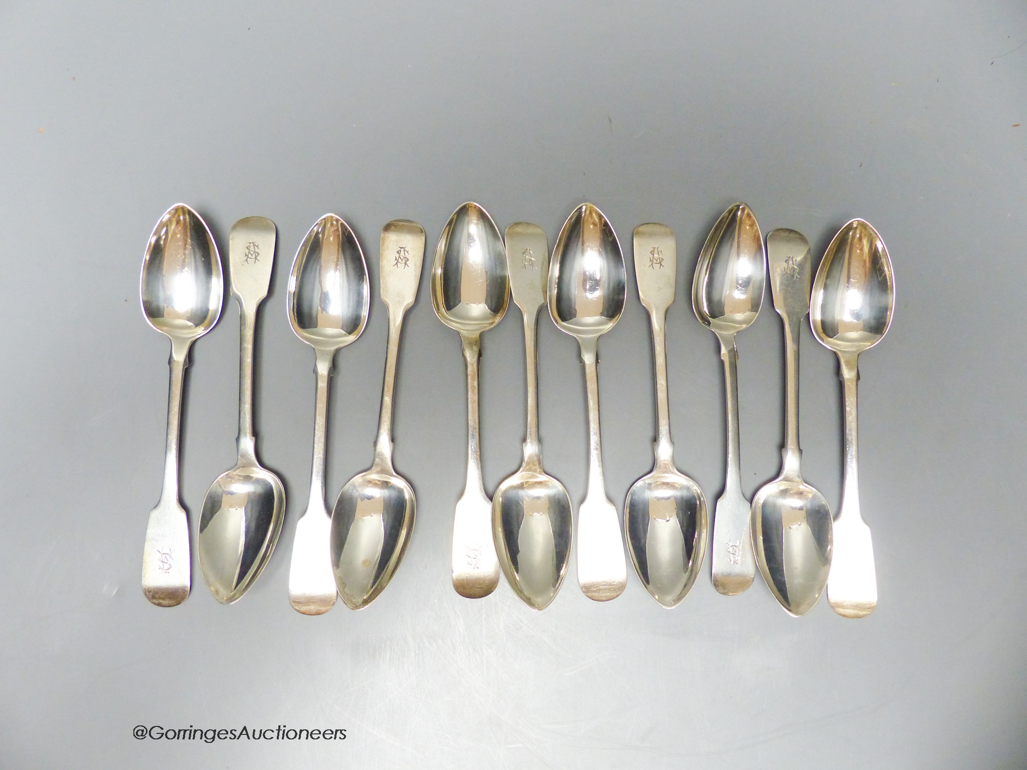 A set of eleven William IV Irish silver fiddle pattern teaspoons, Charles Marsh, Dublin, 1830, 7oz.